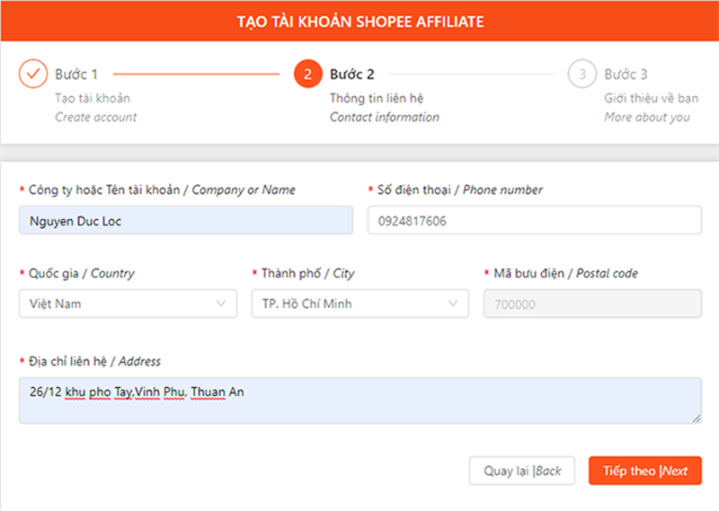 Nhập thông tin cá nhân cho tài khoản